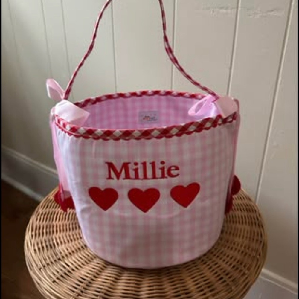 Personalized Pink Gingham Kids Basket with Red Hearts - Millie
